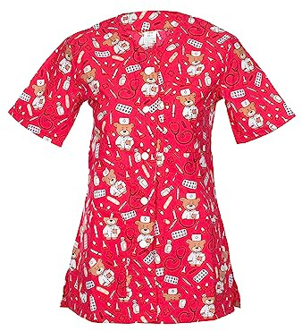 DINOZAVR Carla Blouse Medicale Femme - Tenue Infirmiere Professionnelle Imprimé Coloré, Manches Courtes, Col en V, 2 Poches Inférieures, 1 Poche Supérieure, Fermeture à Bouton