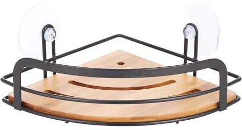 MSV Estantería de Ducha esquinera para baño, sin Agujeros, con ventosas, Acero y bambú, 21 x 21 x 9 cm, Color Negro Mate, aleado Madera, Duschregal 21.5 x 21.5 x 13 cm