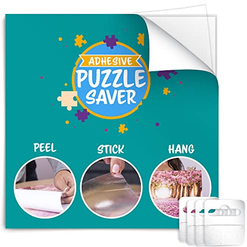 PLAYVIBE Peel and Stick Puzzle Glue - 14 Sheets, 6 Hangers - 1573 Sq Inch Coverage - Any Puzzle Size - Mess-Free Preservation