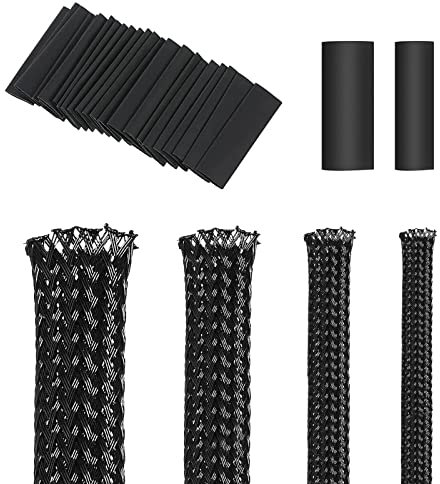 4roll 5m/roll Black PET Expandable Braided Cable Wire Sleeving Cable Wrap Snake Cord Protector, with 20pcs Heat Shrink Tube(8/10mm), for Audio Video Home Device Cable Automotive Wire(6/8/12/16mm)