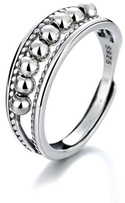 Qings Anello Ansia Antistress per Donna Argento Sterling 925 Anelli Fidget Anxiety Stress Relief Rings con Rotante Perline Anello Retro Regolabile Aperto per Ragazza Uomo