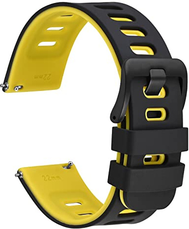 WOCCI 22mm Zweifarbig Uhrenarmband, Silikon Kautschuk, Ersatzband für Herren und Damen, Schwarze Edelstahlschnalle (Schwarz-Gelb)