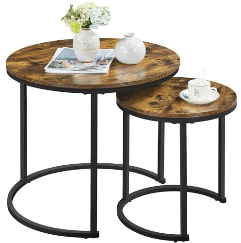 Yaheetech Round Nesting Coffee Tables Set of 2, Rustic Brown Wood Effect
