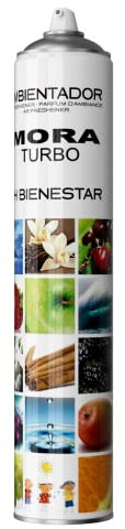 Ambientador TURBO MORA 750ml. Aerosol Profesional. Neutraliza orina, mascotas, tabaco. Para empresas, grandes espacios, casa, coche. Aroma Concentrada. Frescor potente y Duradera. Gusta a los niños