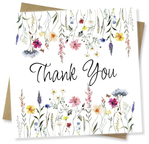 Thank You Card – Elegant Floral Thank You Card with Wildflower Design, Thank You Greeting Card for Friends, Family, Teachers & Weddings – Blank Inside, Made in UK