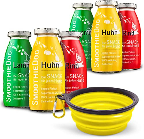 Hunde Smoothie SmoothieDog 6er Mix + Reisenapf Gelb - je 2X :Huhn, Rind, Lamm - Flüssiges Hundeleckerli - Zucker- & glutenfrei - Napf, faltbar - je 250ml