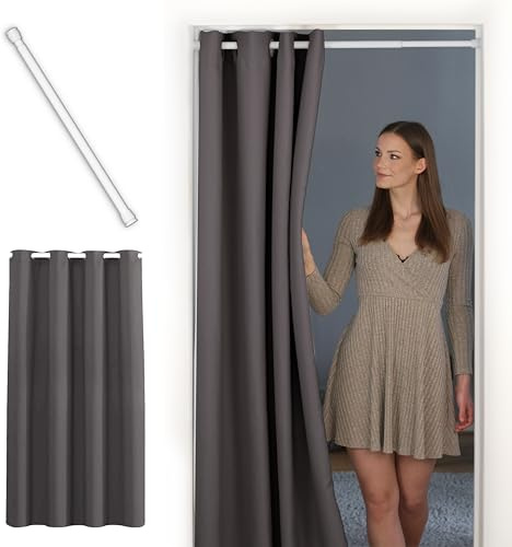tinycurtains, Thermo Türvorhang mit Teleskopstange, einfache Montage in nur 1 Minute ohne Bohren (Türgardine grau + H200 x B150 cm + Stange weiß B70-120 cm)