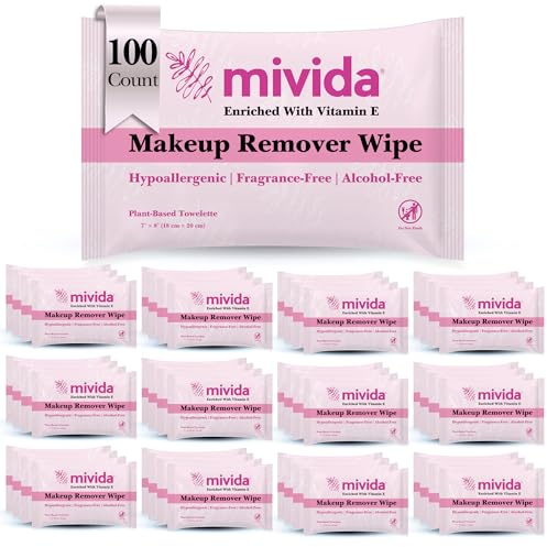 mivida100 Count Hypoallergenic Makeup Remover Wipes Individually Wrapped with Vitamin E | Dermatologist Tested Alcohol-Free, Fragrance-Free face wipes Individully Wrapped