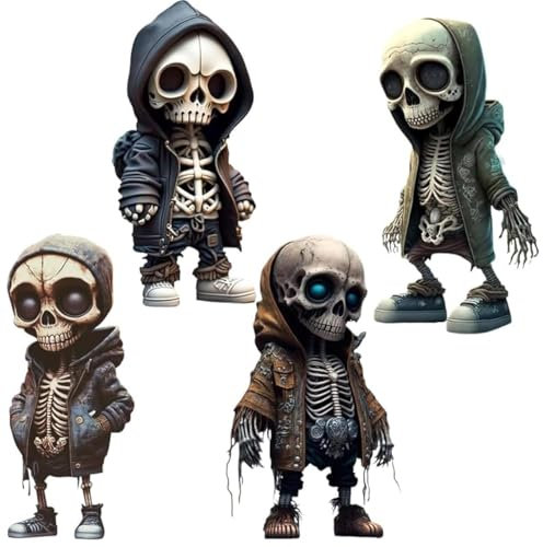 4Pcs Skull Decor,Skeleton Figurines,Horror Movie Garden Gnomes,Halloween Skeleton Statues Decor Set Cute Skeleton Resin Indoor Decorations,Unique Skull Ornaments Gift for Children Adult (A.4Pcs)
