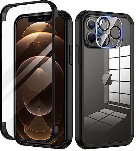 seacosmo Kompatibel für iPhone 12 Pro Hülle mit eingebautem Panzerglas Displayschutz und Kamera Schutzfolie [9H HD], 360 Grad Case Ganzkörper Stoßfeste Handyhülle iPhone 12 Pro - Schwarz | Stoßfeste Schutzhülle mit gehärtetem Glas [9H HD], Kameraschutz, 360°-Schutz, doppelseitiger Rundumschutz
