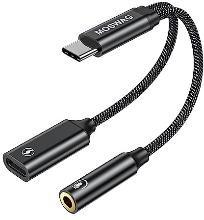 MOSWAG Rechargeable USB Type C to 3.5mm Headphone Adapter,2-in-1 USB C to Aux Audio Jack Hi-Res DAC and Fast Charging Dongle Cable Compatible with Pixel 8 7 6 5,Galaxy S25 S24 S23 S22 +Plus Note 20