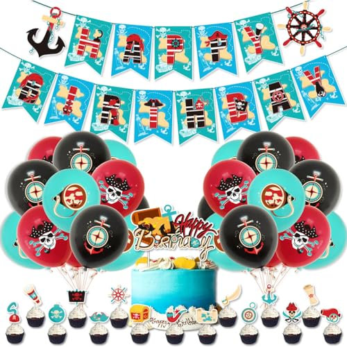 MiaLover Piraten Dekorationen Set für Geburtstag - Party-Kit Mit Happy Birthday Banner, Ballons, Cupcake Kuchen Topper für Kinder, Jungen, Erwachsene