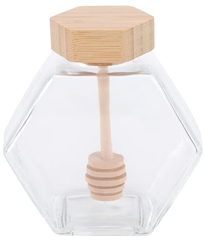 Zerodeko Pot De Miel Abeille En Verre Hexagonal 220 Ml Avec Couvercle Bois Solide Et Cuillère Spirale Pot Transparent Pour Maison Cuisine Ensemble Et Louche Pratique