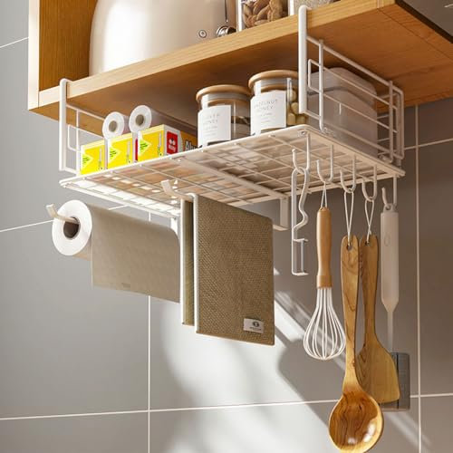 HMAKGG Panier de Rangement sous Tablette, Paniers de Rangement Suspendus en Métal avec Crochets, Porte-Rouleau de Cuisine, pour Cuisine, Bureau, Garde-Manger, Armoire, Blanc
