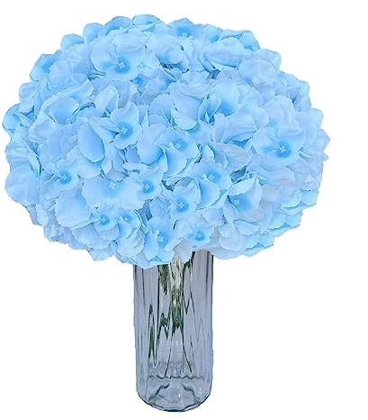 UoYeet Lot de 10 fleurs artificielles d'hortensia en soie : têtes d'hortensia blanches de qualité supérieure avec longues tiges pour décoration d'intérieur et projets de bricolage, bleu