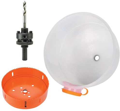 Klein Tools 80156 Bi-Metal Hole Saw Set, 6-3/8-Inch Saw, 7/16-Inch Arbor with Pins, Dust Bowl, for Drywall Ceiling and Recessed Lighting, 3-Piece