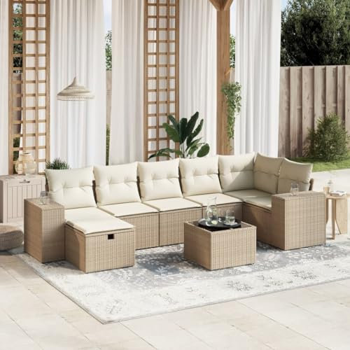 Rantry 8-TLG. Gartenmöbel Set mit Kissen Gartensofa Balkonmöbel Gartenlounge Loungesofa mit Gartentisch Rattansofa Ecksofa Ecklounge Sitzgruppe Loungemöbel Beige Poly Rattan