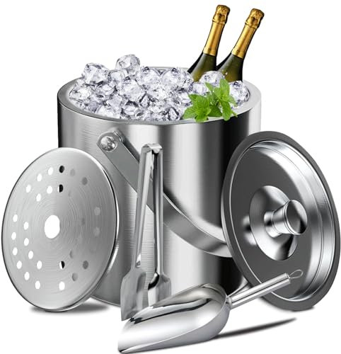 Feelhap 3L Eiswürfelbehälter mit Deckel,Eiskübel Edelstahl Doppelwandig Eiswürfelkühler Edelstahl Eiseimer,Eisbehälter für Eiswürfel Eiskübel mit Sieb Eisschaufel Zangen,Eiskühler für Bier,Sekt,Wein