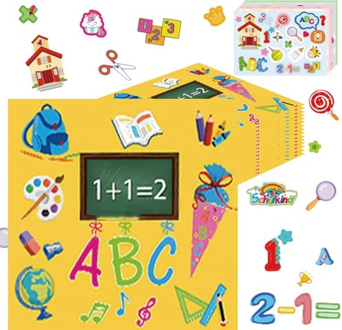 Shinybox 66-teiliges Einschulungsset, 60 Gelb Papier-Partyservietten & 6 Aufkleber für Schulanfang - Tischdeko für Schuleinführung und Einschulungsfeier(Gelb)