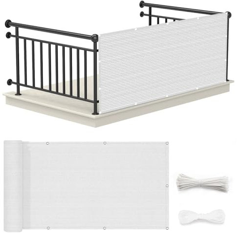 Balkon Sichtschutz Ohne Bohren 100 x 380 cm Blickdichte Windschutz Privatsphäre Balkonumspannung Balkonverkleidung mit Ösen, Kabelbinder für Gartenanlagen, Camping, Weiß