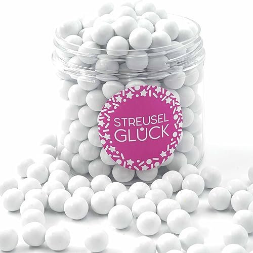 STREUSEL GLÜCK Streusel Tortendeko Schokokugeln weiss glanz 180g - Zuckerstreusel Geburtstag Kuchendeko Weihnachten Schokoperlen - Sprinkles Deko Plätzchen Torte Kuchen Cupcakes - essbare Streudeko
