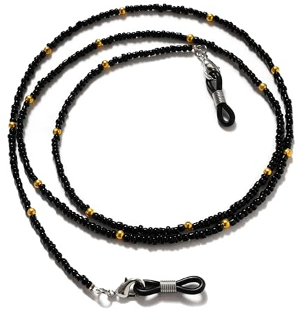 munone Brillenband mit Perlen, leicht, Schwarz und Gold, Design für Damen und Herren, Schwarz, 28 IN