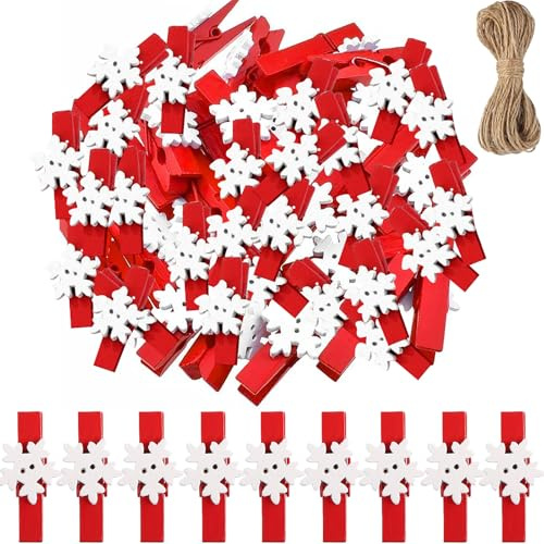 50 Pcs Mini Pince en Bois Photo Clip de Noël, Clips de Photo d'arbre de Noël, DIY Photo Pegs, Pinces à Linge en Bois de Noël avec 10m Corde de Jute, pour Noël, Murs de Photos, Cartes Postales (A)