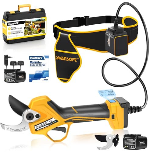 【3-Tipps-Umschaltung, Top-Leistung】 SWANSOFT PRU45-PLUS Akku Astschere, 45MM 25V 1150W Gartenschere und Astscheren Leistungsstarke Elektrische Elektrogartenscheren Für Präzisen Baumschnitt, Weinreben