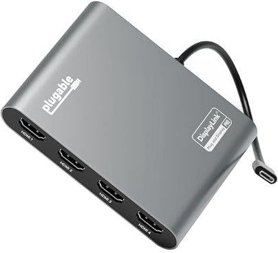 Plugable USB C to Quad HDMI 4K Adapter with 100W PD Pass-Though Power Delivery for Windows, Mac M1/M2/M3/M4, Thunderbolt, and USB-C Laptops | TAA, DisplayLink Pro, Driver Required (USBC-7400H4)