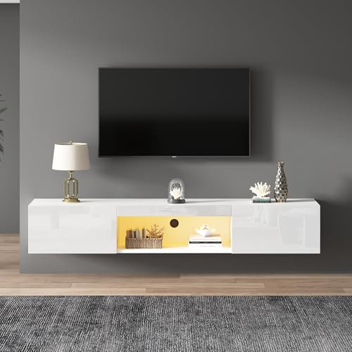 Armoire Suspendue Brillante avec éclairage LED Meuble TV pour téléviseur 70 Pouces Lowboard APP Control Table de Meubles TV Murale pour Salon Blanc 160cm de Long