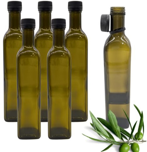 mikken Lot de 6 bouteilles d'huile de 250 ml avec bec verseur, vert/marron, avec doseur et étiquettes