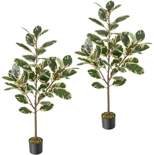 TANGZON Artificial Rubber Tree, 130cm Faux Rubber Plant in Pot with 46 Multi-colored Leaves, Indoor Outdoor Decorative Fake Tropical Plants for Home Office Living Room Bedroom Porch