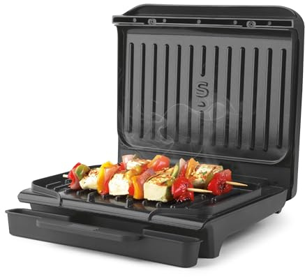 Salter ActiGrill Compact – 2 Portion Small Health Grill, Floating Hinge To Cook Thicker Pieces Of Food & Deep Fill Paninis, Non-Stick Cooking Plates, Automatic Temperature Control, PFAS-Free, 850W