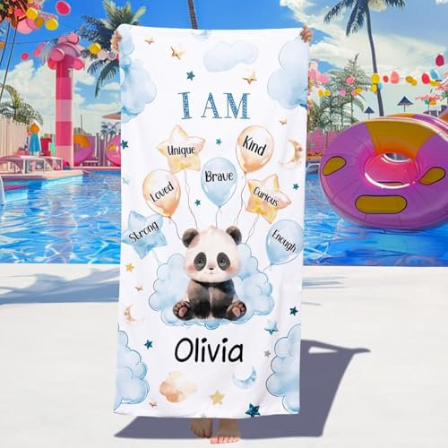 Personalised Beach Towels for Kids - Custom Beach Towels with Name - Quick Dry Soft Microfibre Swimming Towels for Kids, Customised Bath Pool Beach Towel for Boys Girls (B-Panda Balloon)