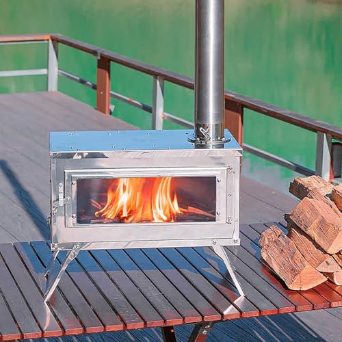 Estufas de tienda de campaña, con tubo de chimenea y ventana de vidrio para ver fuego, estufa de leña, para mochileros, camping, portátil, plegable, para senderismo, picnic, barbacoa