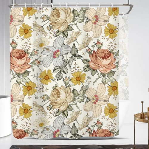 Coxila Yellow Floral Shower Curtain Extra Wide Large Long Clawfoot Tub Wrap Around Flower Vintage Plant Aesthetic Colorful Boho Peony Rose Daisy Bathroom 180 x 70 Inch Polyester Fabric 31 Pack Hooks