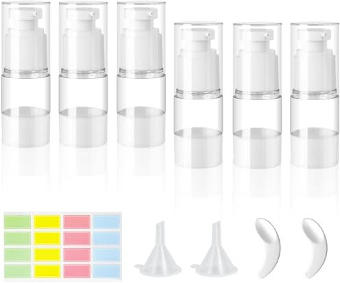 6 Pcs 15ML Airless Flacon Pompe Vide,Petit Flacons À Pompe sans Air,Rechargeables Distributeurs de Crème Airless avec Petite Spatule,Entonnoir,Autocollants pour Cosmétiques Crèmes Lotions