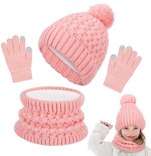 Halinuia 3 en 1 Bonnet Enfant Fille,Ensemble Bonnet Echarpe Enfant,Bonnet Enfant Hiver avec Pompon,Tour de Cou Enfant avec Doublure,Hiver Accessoires Ensemble Set Pour Garcon Enfants 2 à 6 ans