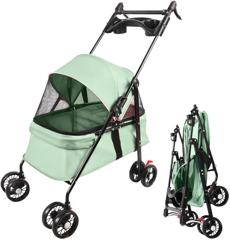 Passeggino per cani e gatti con cestino portaoggetti, 4 ruote, per tutti i terreni, pieghevole per cani, leggero e pratico rimovibile-50 x 70 x 95 cm (verde menta)