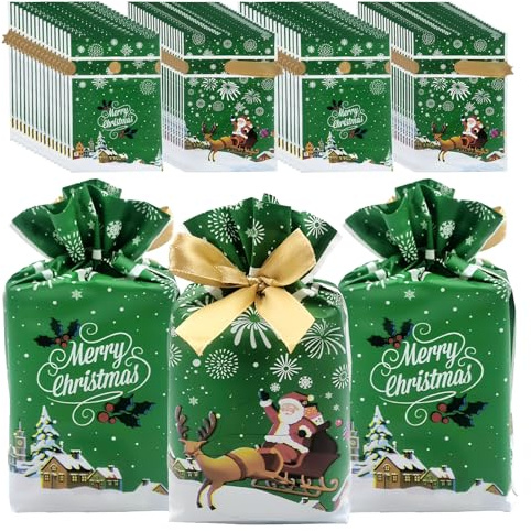 Qaixwuyi 50 Stück Weihnachten Drawstring Geschenk Taschen Geschenktüten Bunt Partytüten Geschenktüten Weihnachten Treat Tasche Geschenktaschen mit Drawstring Goody Bags für Party Grün