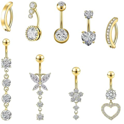 9 Pcs Belly Button Bars Surgical Stainless Steel Belly Button Piercing Ring