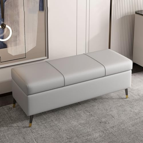 Banco otomano de almacenamiento gris claro de piel sintética abatible para entrada, asiento largo para pasillo, zapatos, sala de estar, dormitorio, baúl con bisagras de seguridad (90 cm)