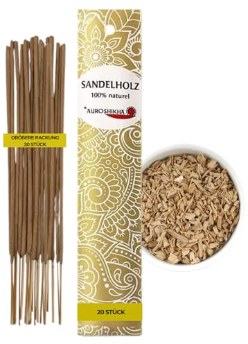 20 Stück – AUROSHIKHA Sandelholz – Natürliche indische Räucherstäbchen für Meditation & Entspannung