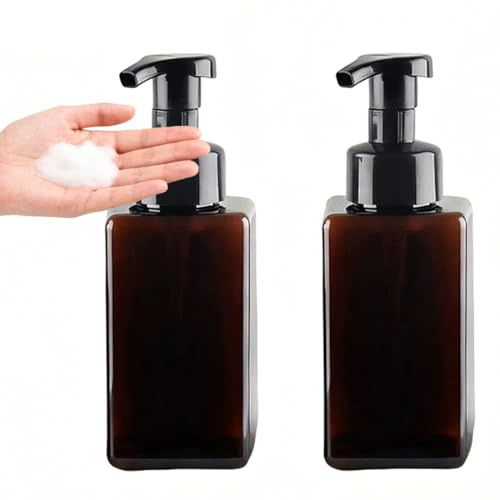 2Pcs Foaming Soap Dispenser, 450ml(16oz) Refillable Modern Square Pump Bottle for Shampoo, Body Wash, Liquid Soap, PETG Plastic Empty Soap Dispenser for Kitchen, Bathroom, Hospital (Brown)
