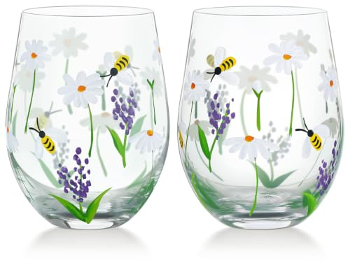 NymphFable Peint à la Main Stemeless Verre à Vin 18oz Ensemble de 2 Marguerite Abeille Vin Gobelet Cadeaux d’Anniversaire Personnalisés pour Elle