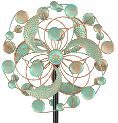Windspiel Kinetische Windskulptur, Metall Windmühle, Höhenverstellbar mit 5‑Zacken‑Basis, 360° drehbares 2‑Blatt Windfänger für Garten, Hof, Rasen & Terrasse (Vierfarbige Federn)