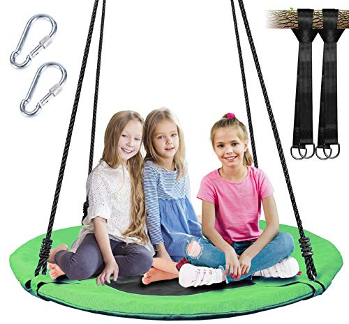40 Inch Saucer Tree Swing for Kids, Outdoor Round Swing with Hanging Straps & Adjustable Ropes, Easy Assembly (Green)