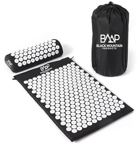 Black Mountain Products Acupressure Mat with Pillow & Carrying Bag - Acupressure Mat for Trigger Pt. Massage Therapy, Black