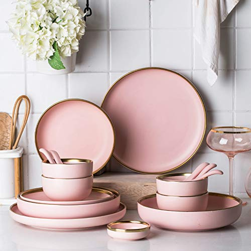 XCXDX 20 Piezas De Vajilla Rosa Dorada Romántica, Vajilla De Cerámica para El Hogar, Porcelana De Color Sólido Simple, Regalos De Inauguración