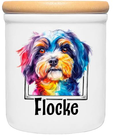 Cadouri Keramik Leckerli-Dose HAVANESER » personalisiert mit Name deines Hundes «┊Snackdose Keksdose Aufbewahrungsdose┊mit Holzdeckel
